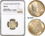 AH289, Egypt, Fuad, 2 Piastres AH1342/1923 H, Heaton Mint, Silver NGC MS63 (Slab error)