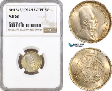 AH289, Egypt, Fuad, 2 Piastres AH1342/1923 H, Heaton Mint, Silver NGC MS63 (Slab error)