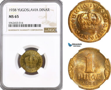 AH29, Yugoslavia, Peter II, 1 Dinar 1938, Paris Mint, KM# 19, NGC MS65