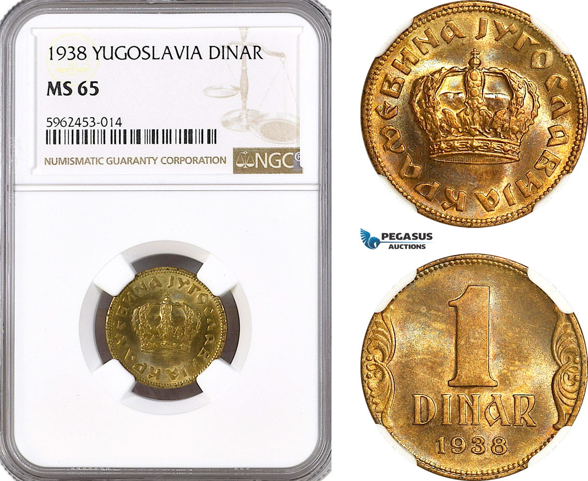 AH29, Yugoslavia, Peter II, 1 Dinar 1938, Paris Mint, KM# 19, NGC MS65