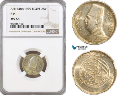 AH290, Egypt, Fuad, 2 Piastres AH1348/1929 BP, Budapest Mint, Silver, NGC MS63