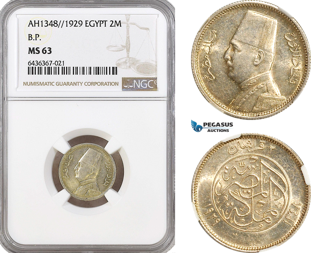 AH290, Egypt, Fuad, 2 Piastres AH1348/1929 BP, Budapest Mint, Silver, NGC MS63