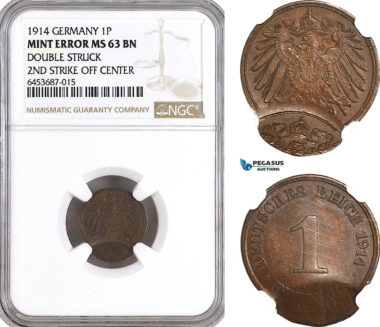 AH312, Germany, Wilhelm II, 1 Pfennig 1914, Mint Error, NGC MS63BN