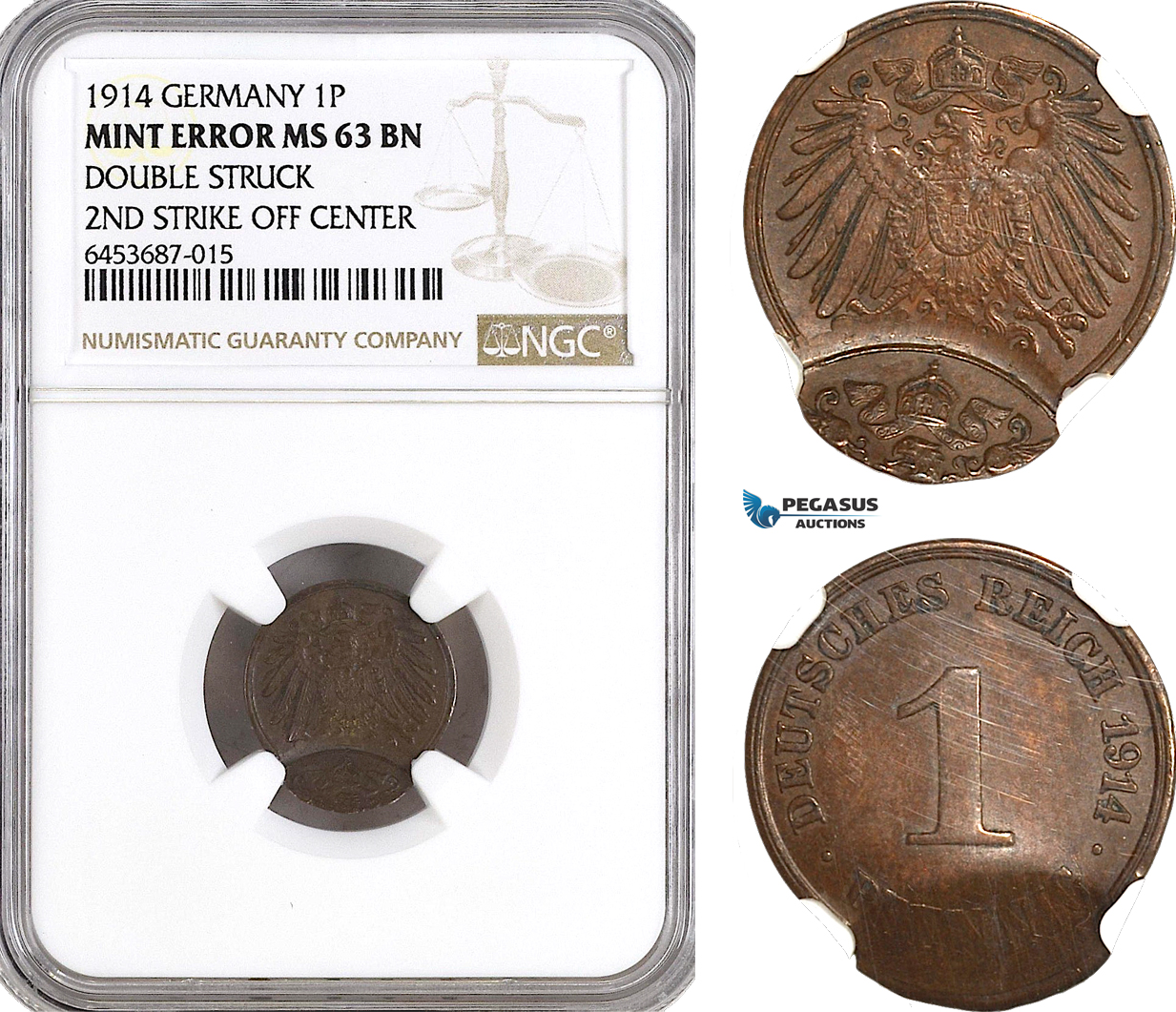 AH312, Germany, Wilhelm II, 1 Pfennig 1914, Mint Error, NGC MS63BN