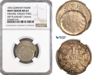 AH315, Germany, Wilhelm I, 1 Mark 1876, Silver, Mint Error, NGC MS63