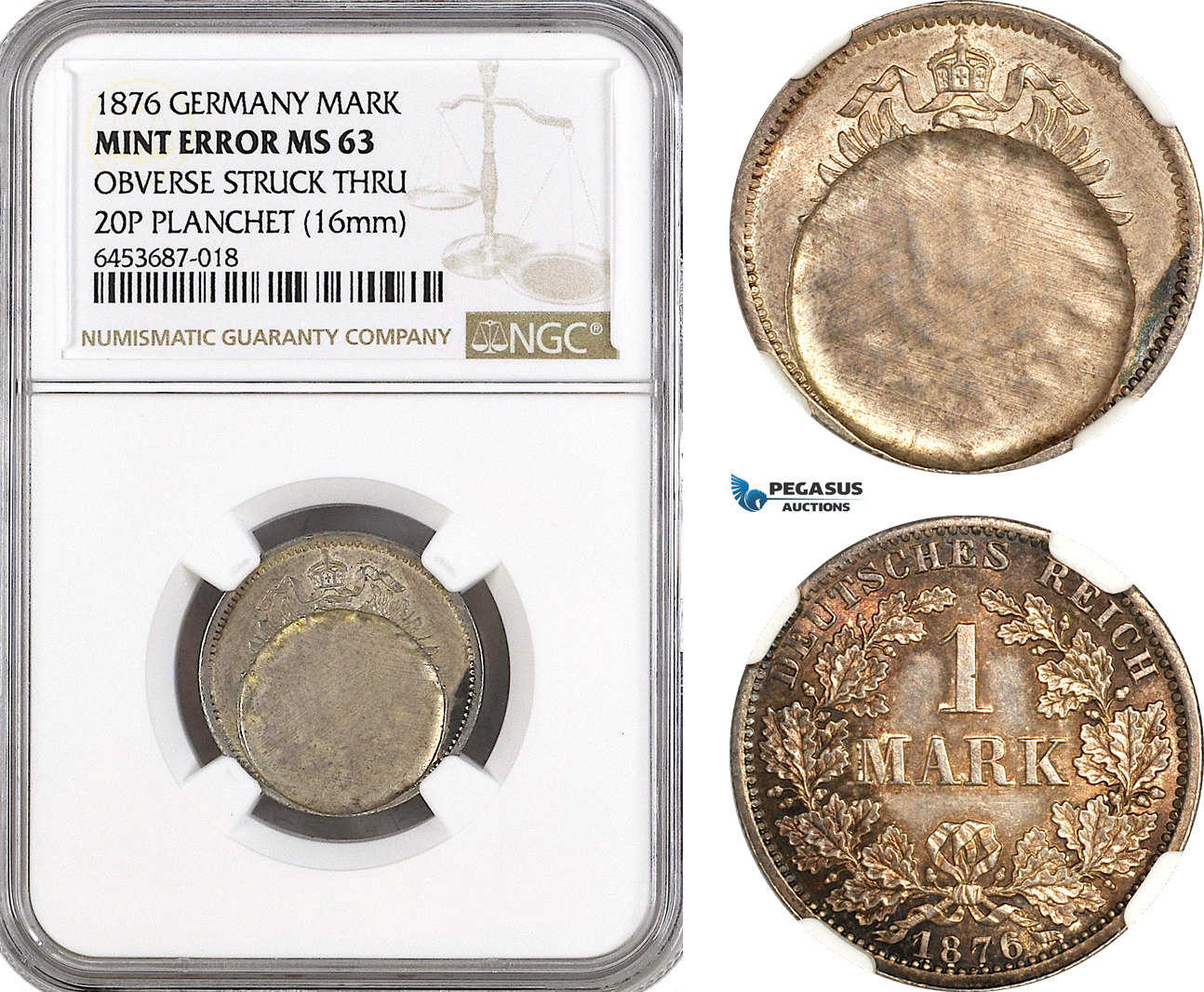 AH315, Germany, Wilhelm I, 1 Mark 1876, Silver, Mint Error, NGC MS63