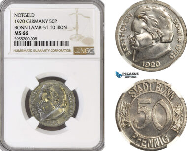 AH316, Germany, Bonn, 50 Pfennig 1920, Notgeld, Ludwig van Beethoven, Lamb-51.10, NGC MS66