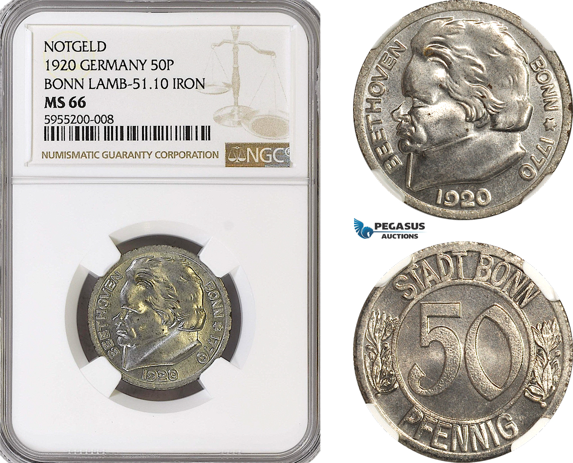 AH316, Germany, Bonn, 50 Pfennig 1920, Notgeld, Ludwig van Beethoven, Lamb-51.10, NGC MS66