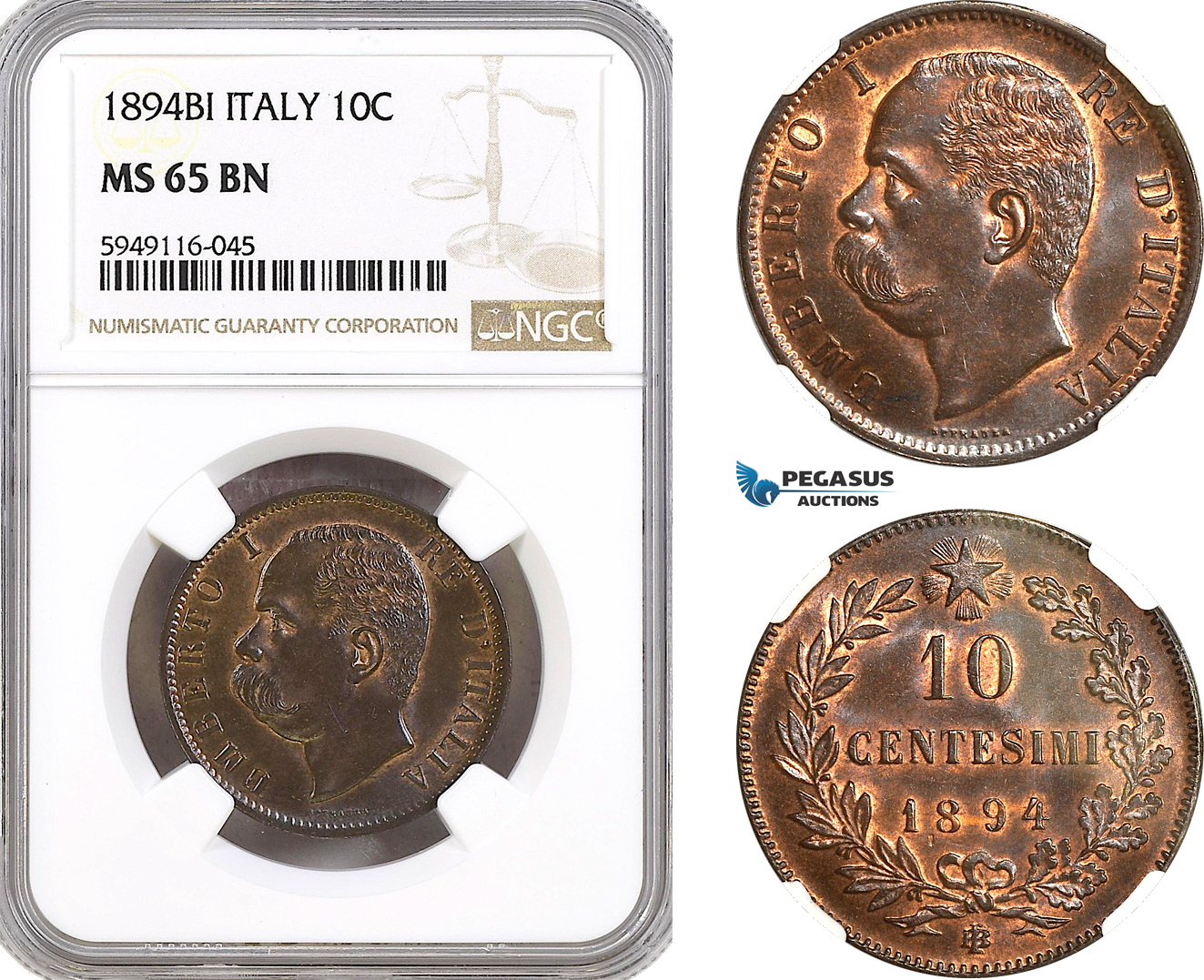 AH324, Italy, Umberto I, 10 Centesimi 1894 BI, Birmingham Mint, NGC MS65BN, Top Pop!
