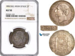 AH356, Spain, Alfonso XII, 2 Pesetas 1882 MS M (1-) (8-) Madrid Mint, Silver, Rare variety with missing "8" & "2" in stars! NGC AU50