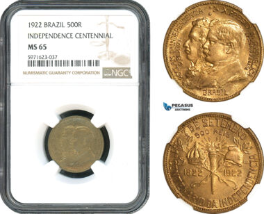 AH372, Brazil, 500 Reis 1922, Independence Centennial, NGC MS65