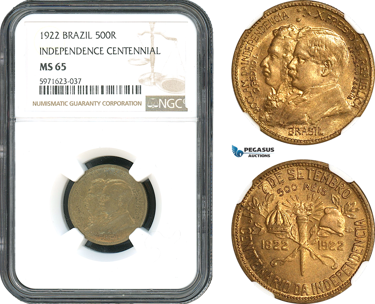AH372, Brazil, 500 Reis 1922, Independence Centennial, NGC MS65
