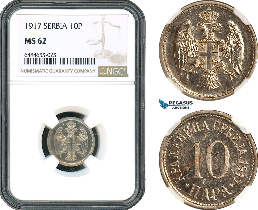 AH480, Serbia, Petar I, 10 Para 1917, NGC MS62