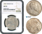 AH489, Straits Settlements, Edward VII, 1 Dollar 1907, Bombay Mint, Silver, NGC AU55