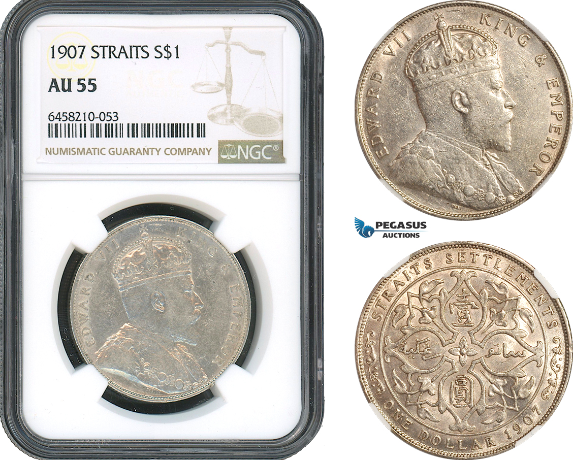 AH489, Straits Settlements, Edward VII, 1 Dollar 1907, Bombay Mint, Silver, NGC AU55
