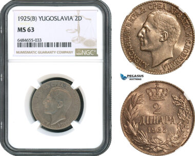 AH502, Yugoslavia, Alexander I, 2 Dinara 1925 B, Brussels Mint, NGC MS63