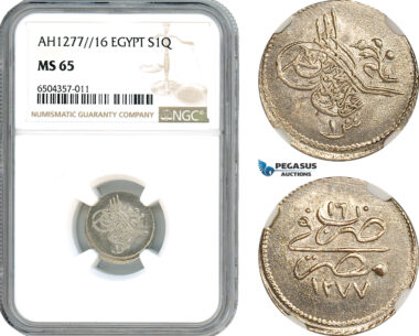 AH554, Ottoman Empire, Egypt, Abdulaziz, 1 Qirsh AH1277//16, Misr Mint, Silver, NGC MS65, Top Pop!