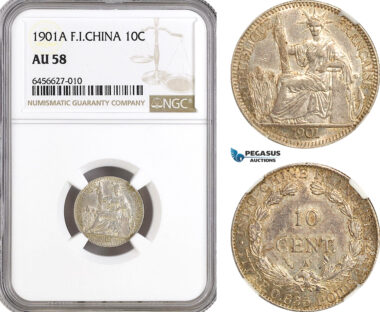 AH62, French Indo-China, 10 Centimes 1901 A, Paris Mint, Silver, NGC AU58