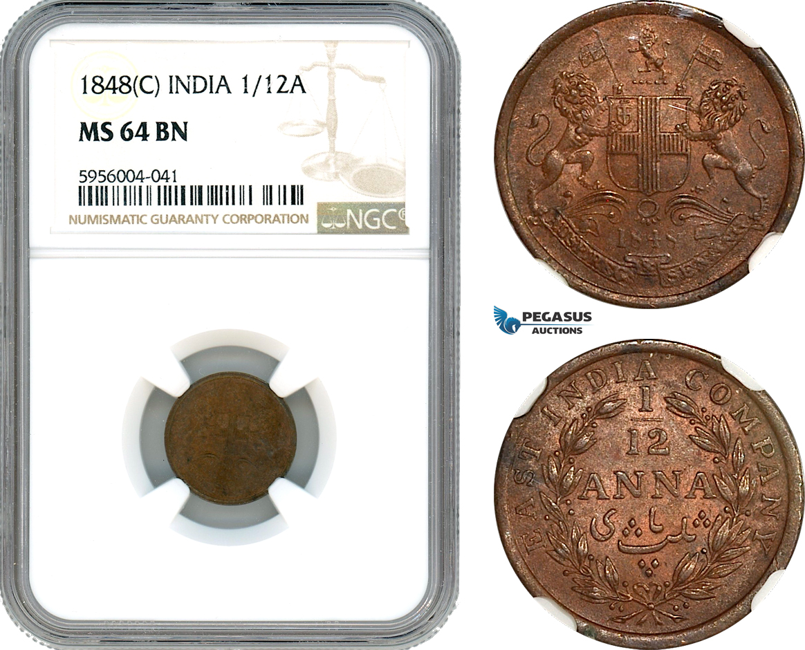 AH642, India, East India Company, 1/12 Anna 1848 C, Calcutta Mint, NGC MS64BN