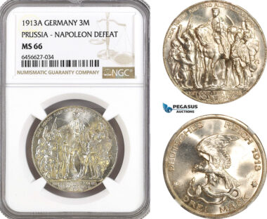 AH65, Germany, Prussia, Wilhelm II, 3 Mark 1913 A, Berlin Mint, Napoleon's Defeat, Silver, NGC MS66