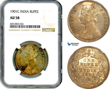 AH652, India (British) Victoria, 1 Rupee 1901 C, Calcutta Mint, Silver, NGC AU58