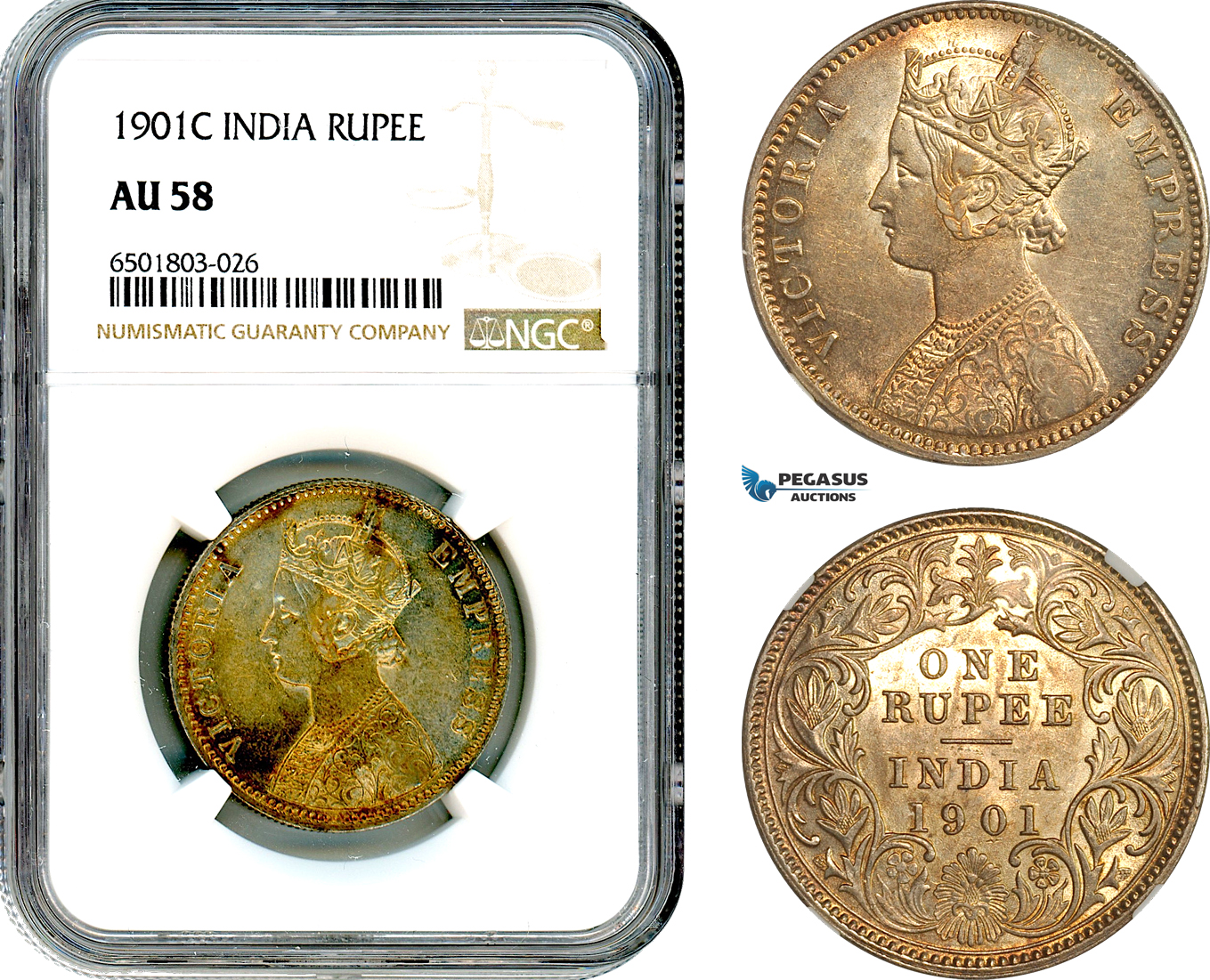 AH652, India (British) Victoria, 1 Rupee 1901 C, Calcutta Mint, Silver, NGC AU58