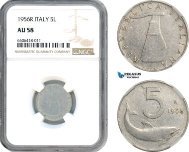 AH672, Italy, 5 Lire 1956 R, Rome Mint, NGC AU58