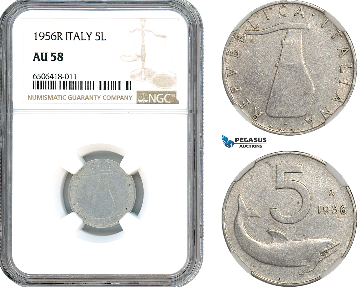 AH672, Italy, 5 Lire 1956 R, Rome Mint, NGC AU58