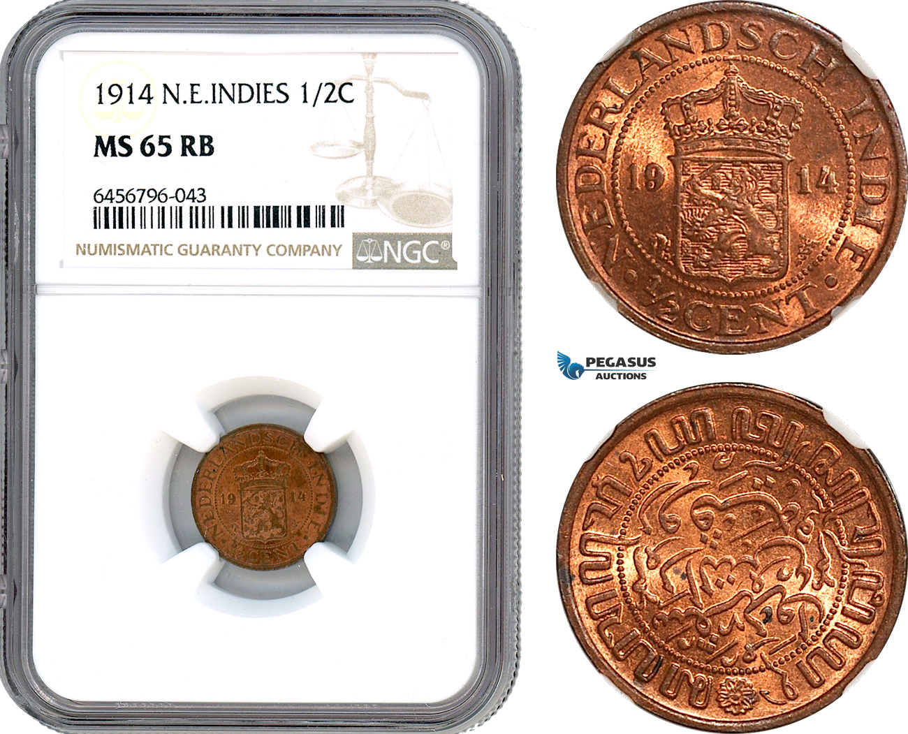AH710, Netherlands East Indies, 1/2 Cent 1914, NGC MS65RB