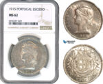 AH736, Portugal, 1 Escudo 1915, Silver, NGC MS62