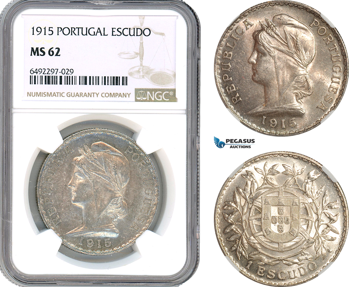 AH736, Portugal, 1 Escudo 1915, Silver, NGC MS62