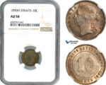 AH802, Straits Settlements, Victoria, 10 Cents 1890 H, Heaton Mint, Silver, NGC AU58