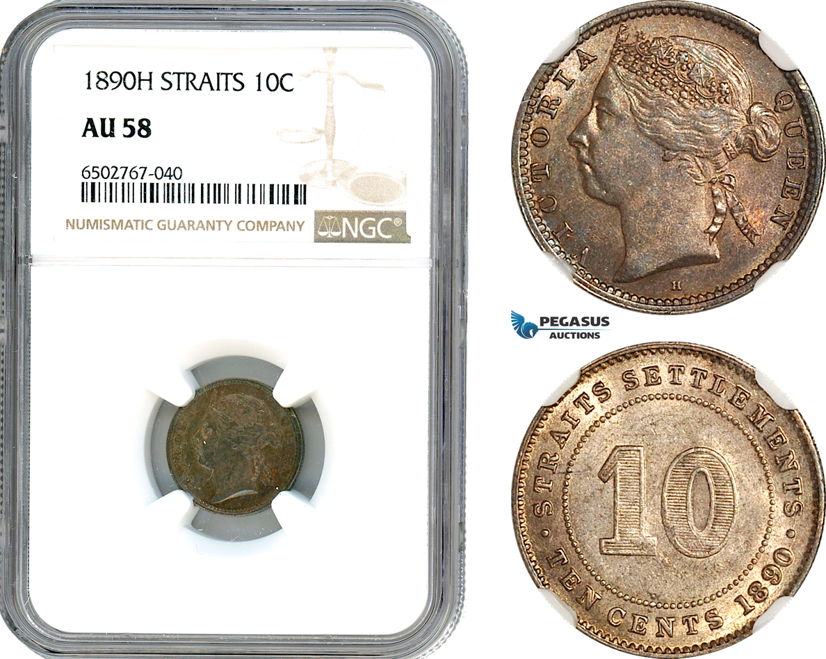 AH802, Straits Settlements, Victoria, 10 Cents 1890 H, Heaton Mint, Silver, NGC AU58