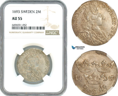 AH805, Sweden, Karl XI, 2 Mark 1693, Silver, NGC AU55