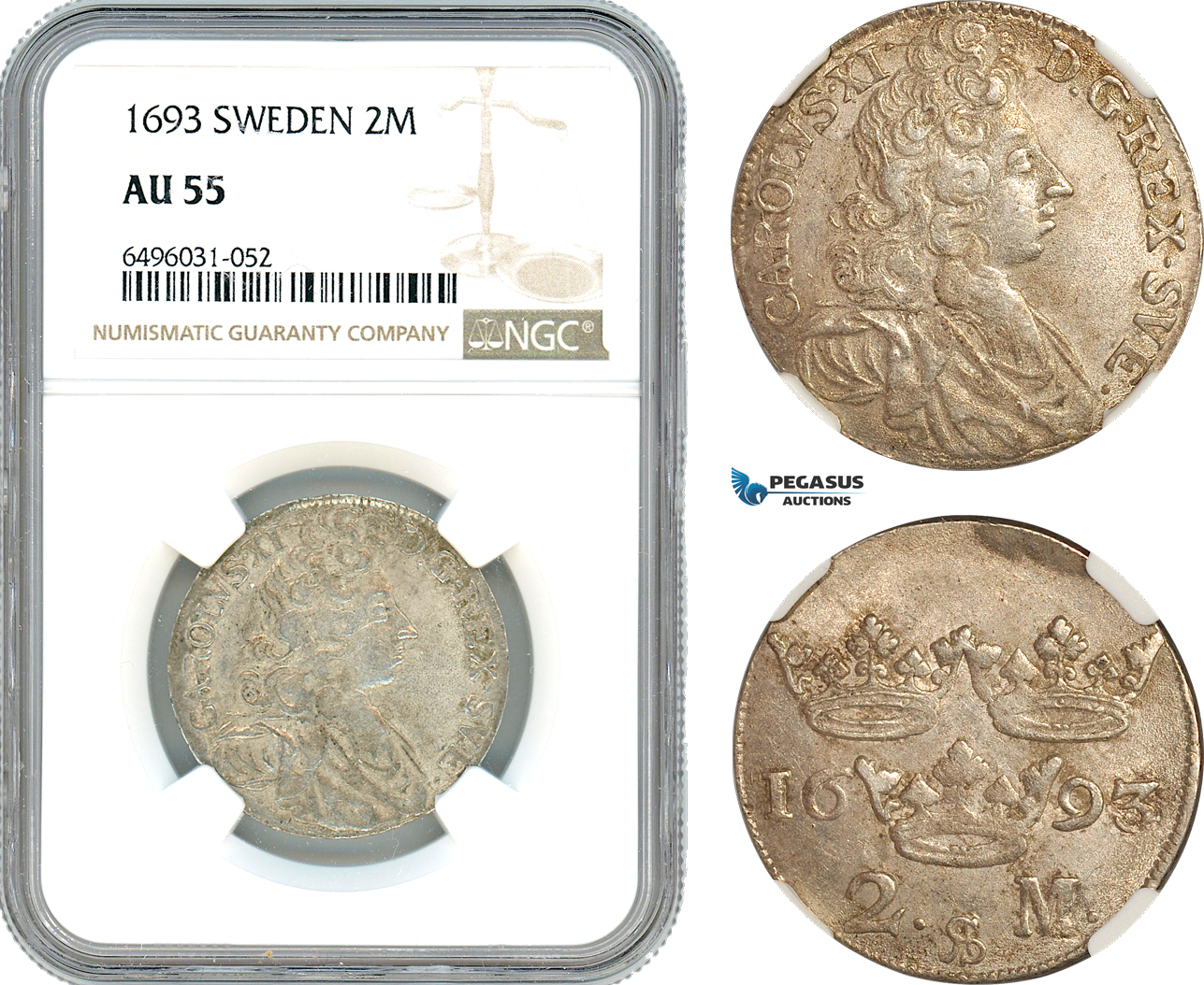 AH805, Sweden, Karl XI, 2 Mark 1693, Silver, NGC AU55