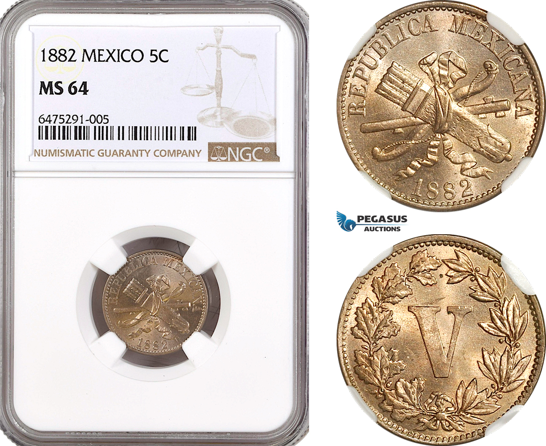 AH82, Mexico, 5 Centavos 1882, NGC MS64