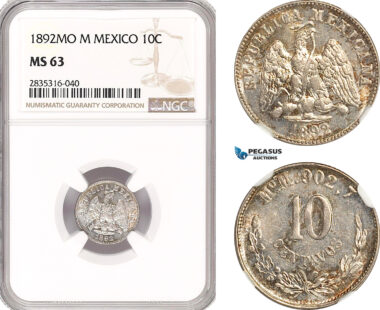 AH83, Mexico, 10 Centavos 1892 Mo M, Mexico City Mint, Silver, NGC MS63