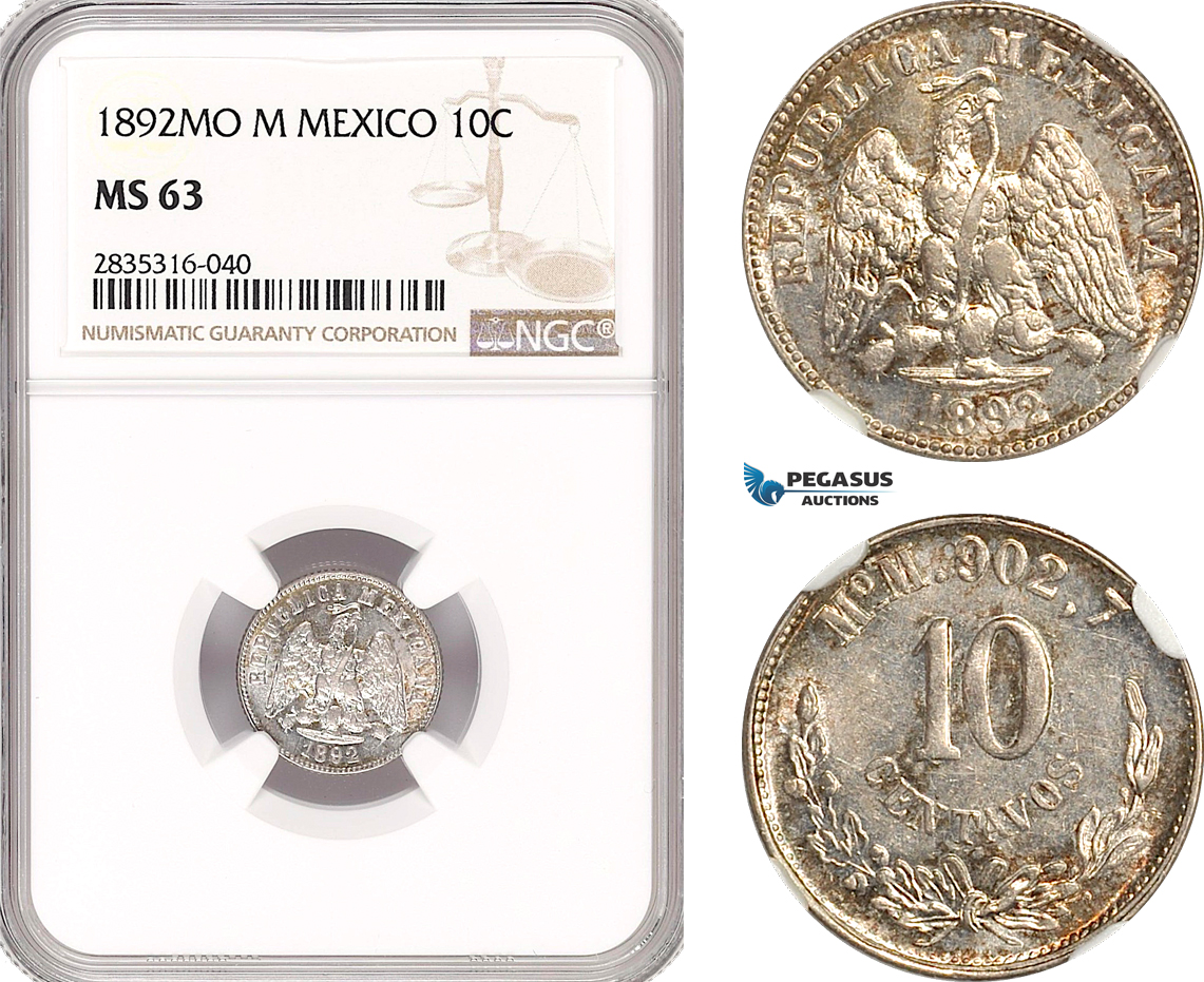AH83, Mexico, 10 Centavos 1892 Mo M, Mexico City Mint, Silver, NGC MS63