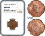 AH845, Ceylon, Victoria, 1 Cent 1892, Calcutta Mint, NGC MS64BN