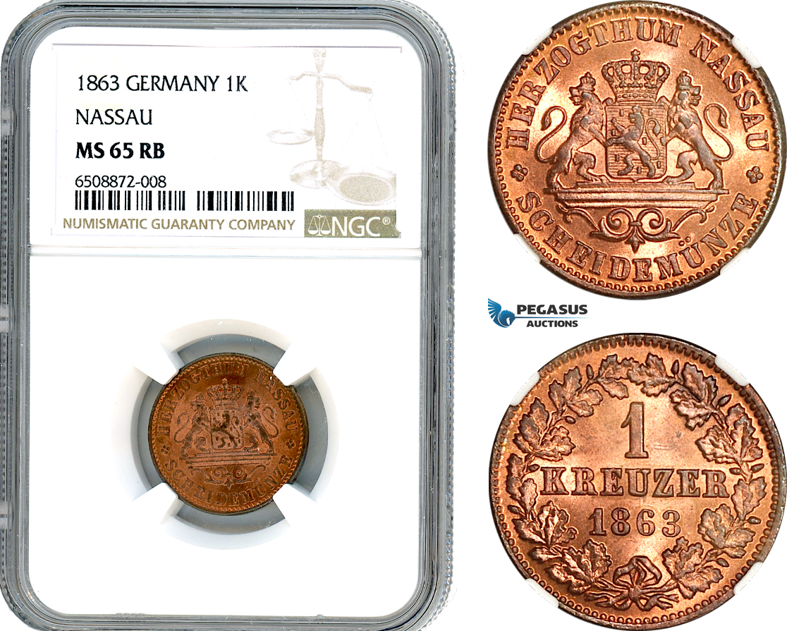 AH862, Germany, Nassau, 1 Kreuzer 1863,  Wiesbaden Mint, NGC MS65RB