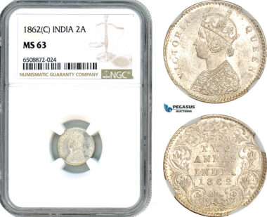 AH876, India (British) Victoria, 2 Annas 1862 C, Calcutta Mint, Silver, NGC MS63