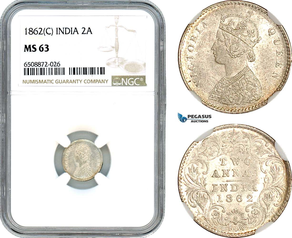 AH877, India (British) Victoria, 2 Annas 1862 C, Calcutta Mint, Silver, NGC MS63