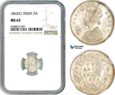 AH878, India (British) Victoria, 2 Annas 1862 C, Calcutta Mint, Silver, NGC MS63