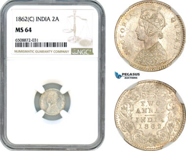 AH879, India (British) Victoria, 2 Annas 1862 C, Calcutta Mint, Silver, NGC MS64