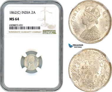 AH880, India (British) Victoria, 2 Annas 1862 C, Calcutta Mint, Silver, NGC MS64