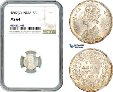 AH881, India (British) Victoria, 2 Annas 1862 C, Calcutta Mint, Silver, NGC MS64