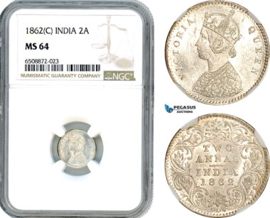 AH882, India (British) Victoria, 2 Annas 1862 C, Calcutta Mint, Silver, NGC MS64