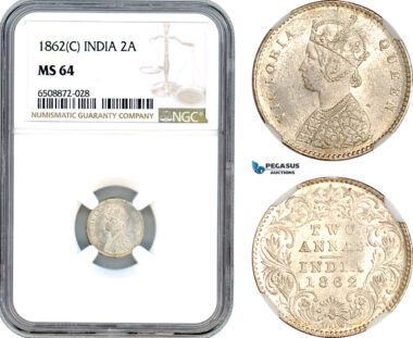 AH883, India (British) Victoria, 2 Annas 1862 C, Calcutta Mint, Silver, NGC MS64