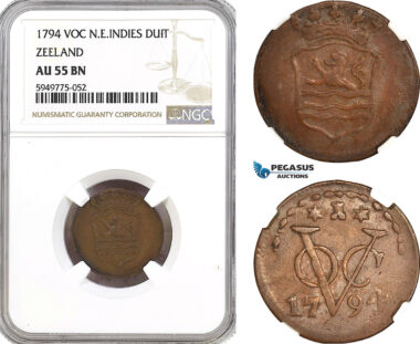AH90, Netherlands East Indies, VOC, 1 Duit 1794, Zeeland Arms, NGC AU55BN