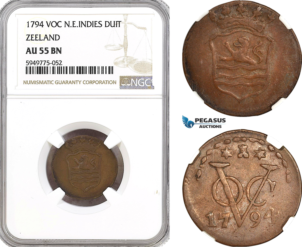 AH90, Netherlands East Indies, VOC, 1 Duit 1794, Zeeland Arms, NGC AU55BN
